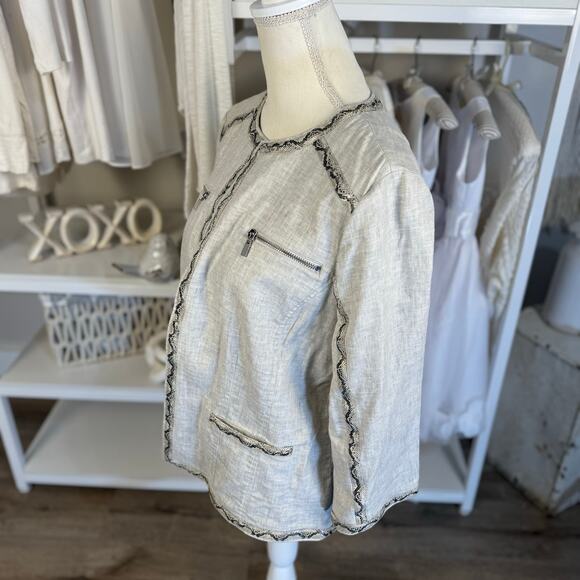 Chico's Women's Size 2 Medium Gray Linen Zip Up Jacket w/ Snake Print Trim #3422 - Picture 9 of 9